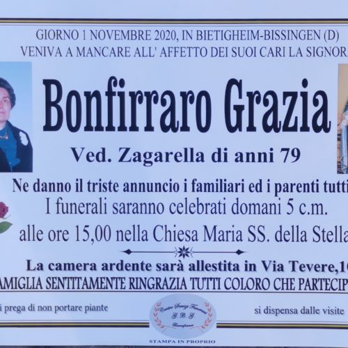 Annuncio agenzia servizi funerari G.B.G. sig.ra Bonfirraro Grazia ved Zagarella anni 79
