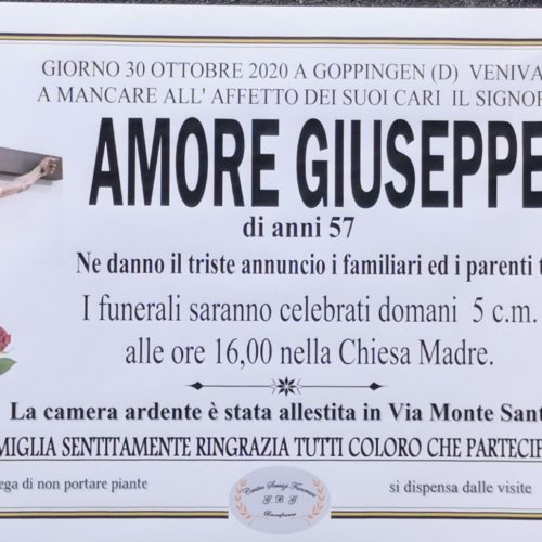 Annuncio agenzia servizi funerari sig. Amore Giuseppe di anni 57