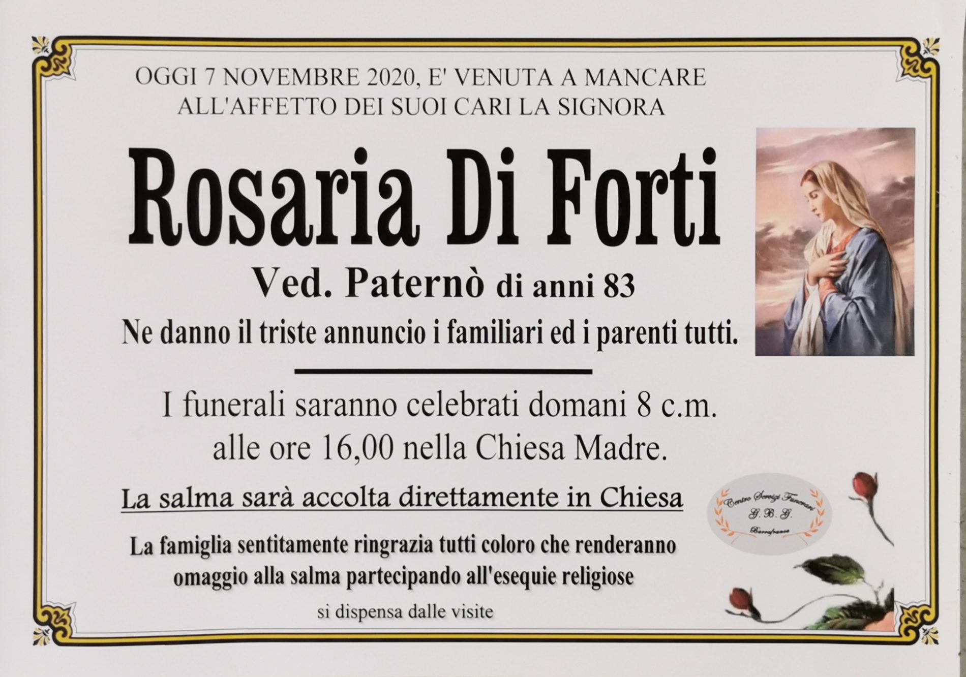 Annuncio servizi funerari agenzia G.B.G. sig.ra Rosaria Di Forti ved. Paternò