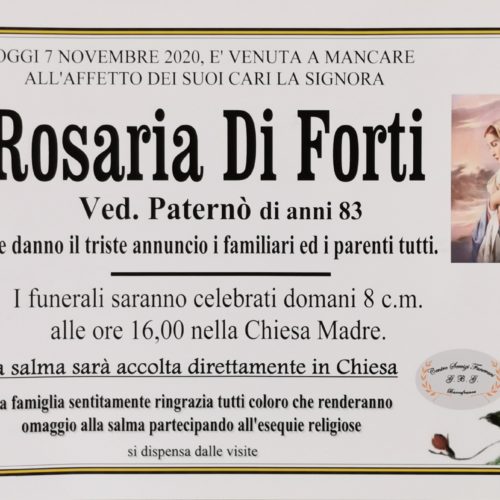 Annuncio servizi funerari agenzia G.B.G. sig.ra Rosaria Di Forti ved. Paternò