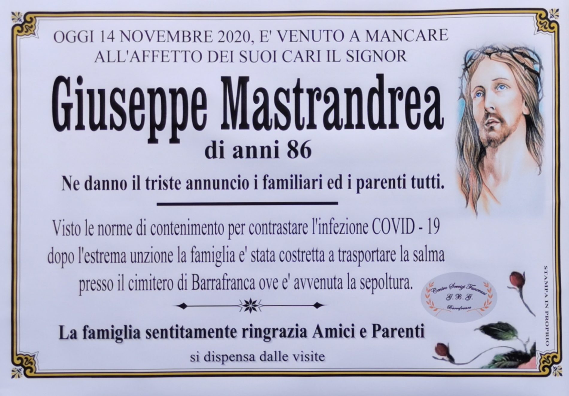 Annuncio servizi funerari agenzia G.B.G. sig. Giuseppe Mastrandrea