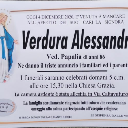 Annuncio servizi funerari agenzia G.B.G sig.ra Verdura Alessandra anni  86 ved. Papalia