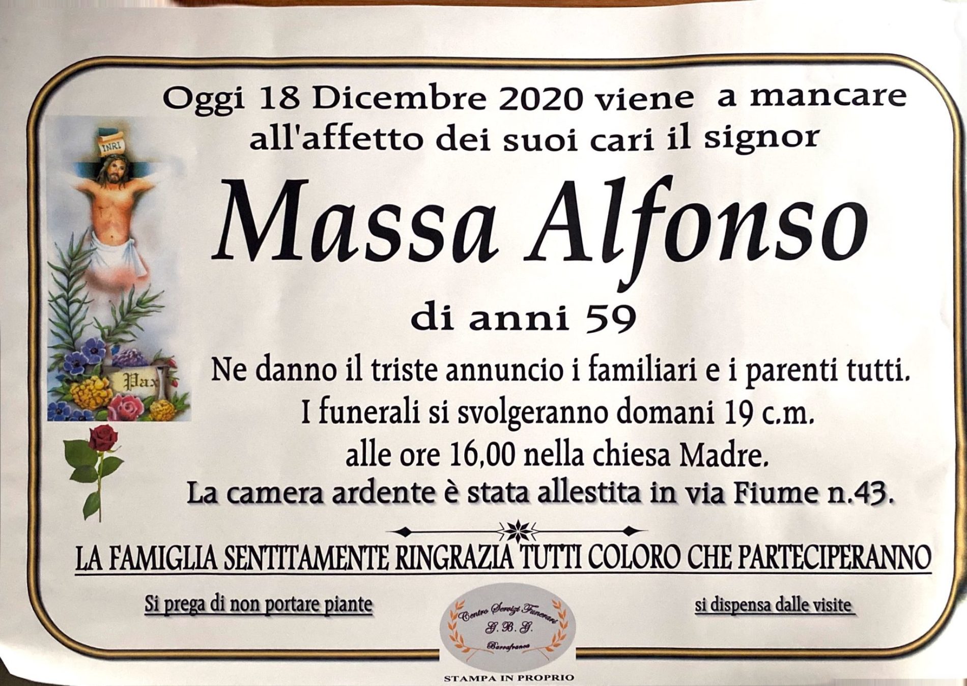 Annuncio servizi funerari agenzia G.B.G. sig Massa Alfonso di anni 59