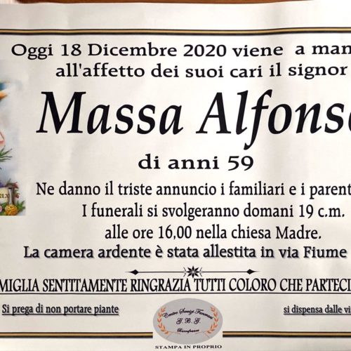 Annuncio servizi funerari agenzia G.B.G. sig Massa Alfonso di anni 59