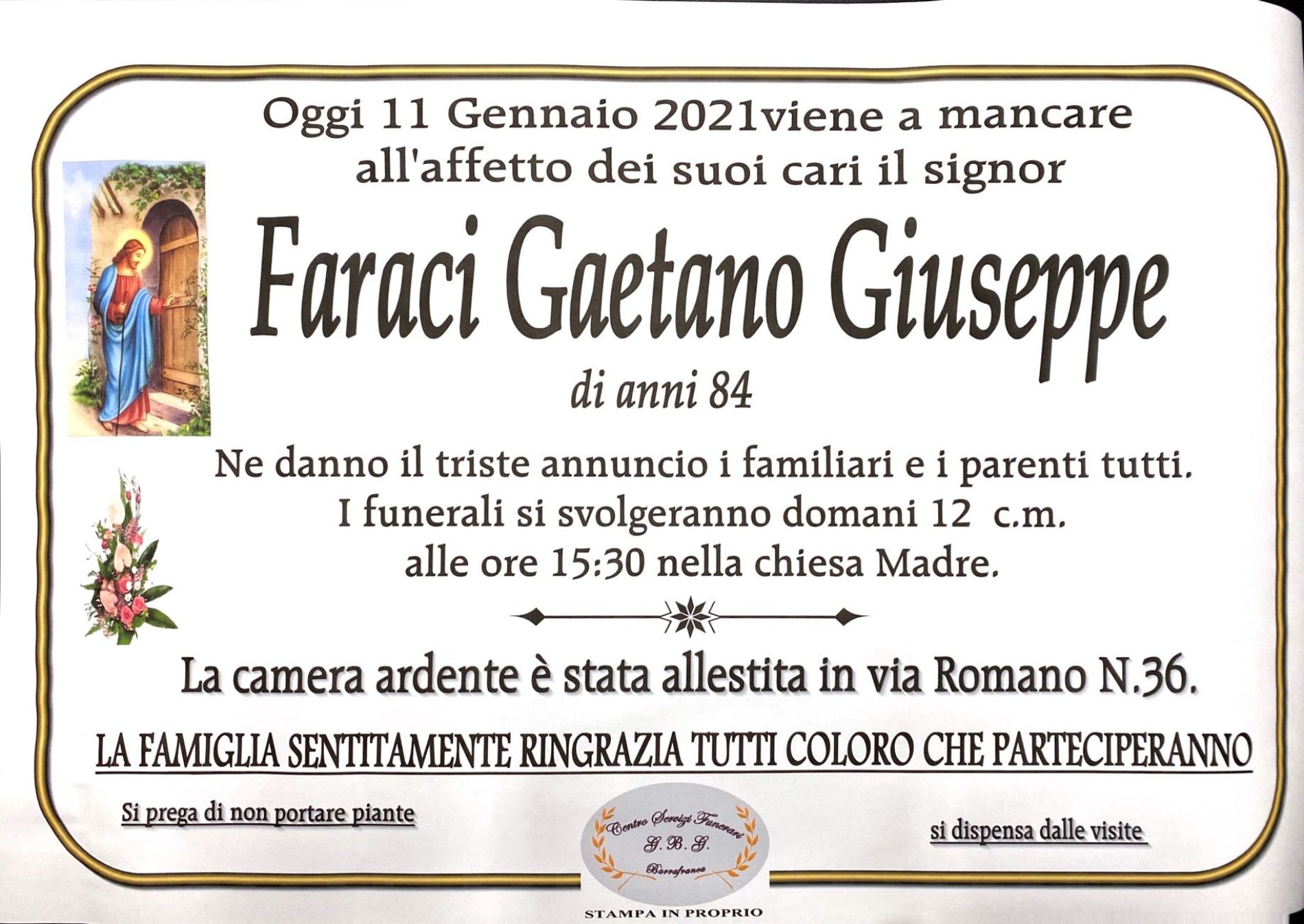 Annuncio servizi funerari agenzia G.B.G. sig. Faraci Gaetano Giuseppe di anni 84