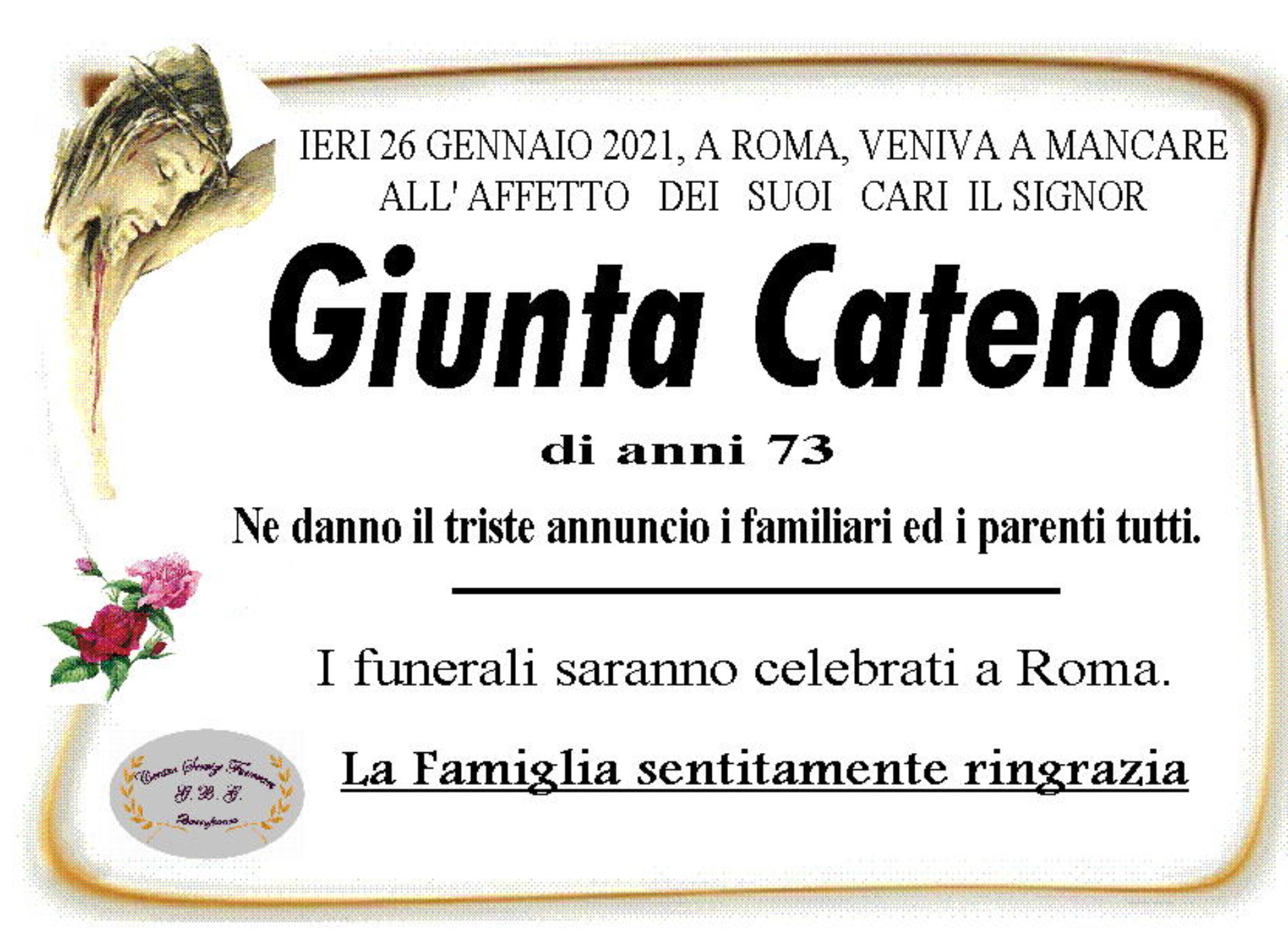 Annuncio servizi funerari agenzia G.B.G. sig. Giunta Cateno di anni 73