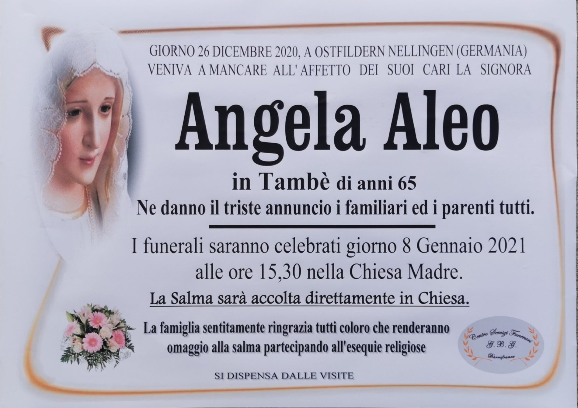 Annuncio servizi funerari agenzia G.B.G. sig.ra Angela Aleo in Tambè di anni 65