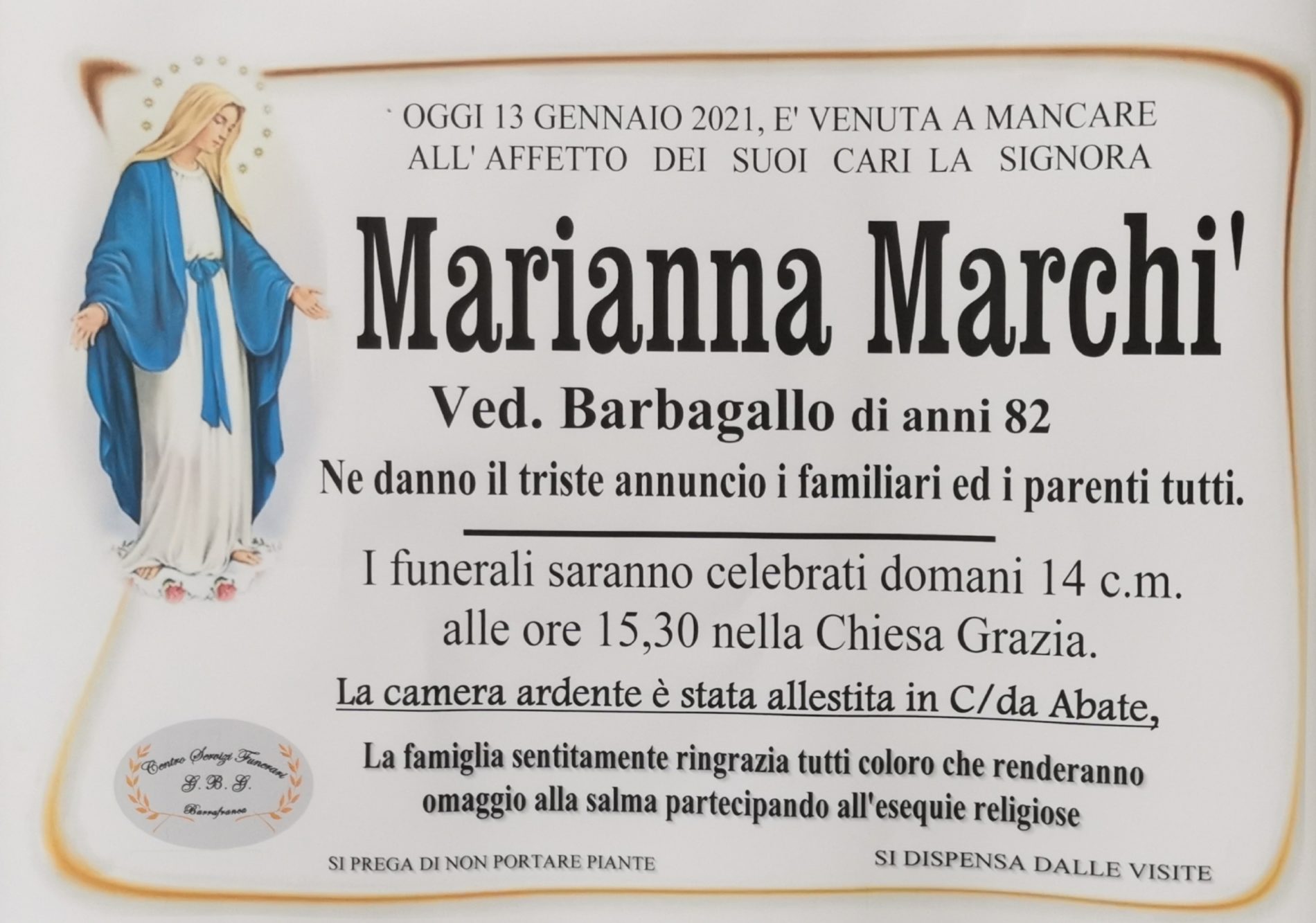 Annuncio servizi funerari agenzia G.B.G. sig.ra Marianna Marchì ved. Barbagallo anni 82