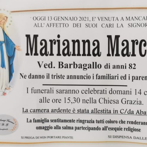 Annuncio servizi funerari agenzia G.B.G. sig.ra Marianna Marchì ved. Barbagallo anni 82