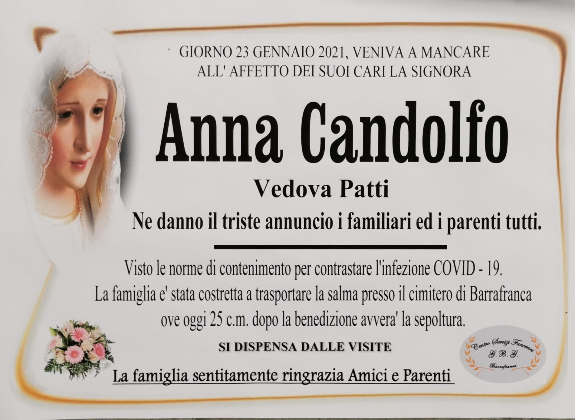 Annuncio servizi funerari agenzia G.B.G. sig.ra Anna Candolfo ved. Patti