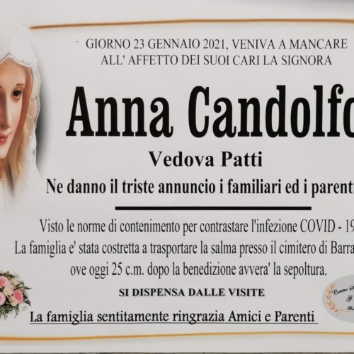 Annuncio servizi funerari agenzia G.B.G. sig.ra Anna Candolfo ved. Patti
