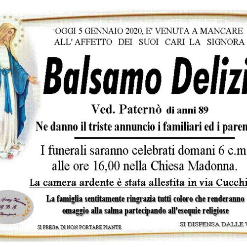 Annuncio funebre servizi funerari agenzia G.B.zG. sig.ra Balsamo Delizia ved. Paternò di anni 89