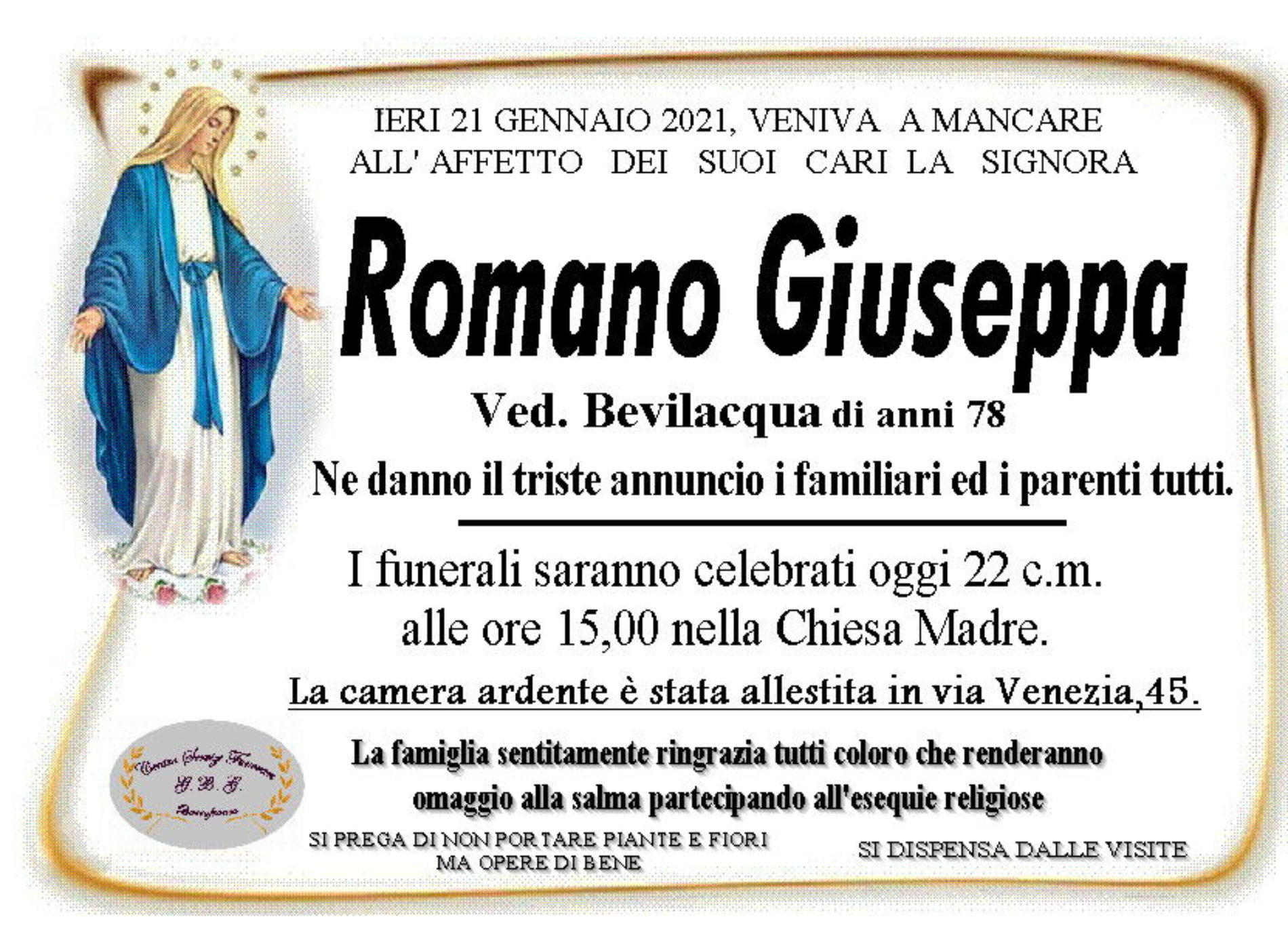 Annuncio servizi funerari agenzia G.B.G. sig.ra Romano Giuseppa ved. Bevilacqua di anni 78