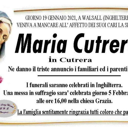 Annuncio servizi funerari agenzia G.B.G. sig.ra Maria Cutrera in Cutrera