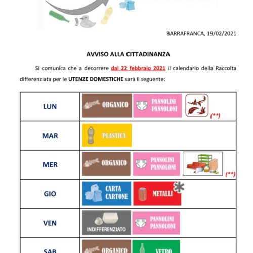 BARRAFRANCA. Raccolta differenziata. Da lunedì 22 febbraio 2021 si torna al calendario ordinario.