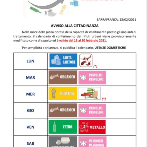 BARRAFRANCA. Modifiche al calendario raccolta differenziata.