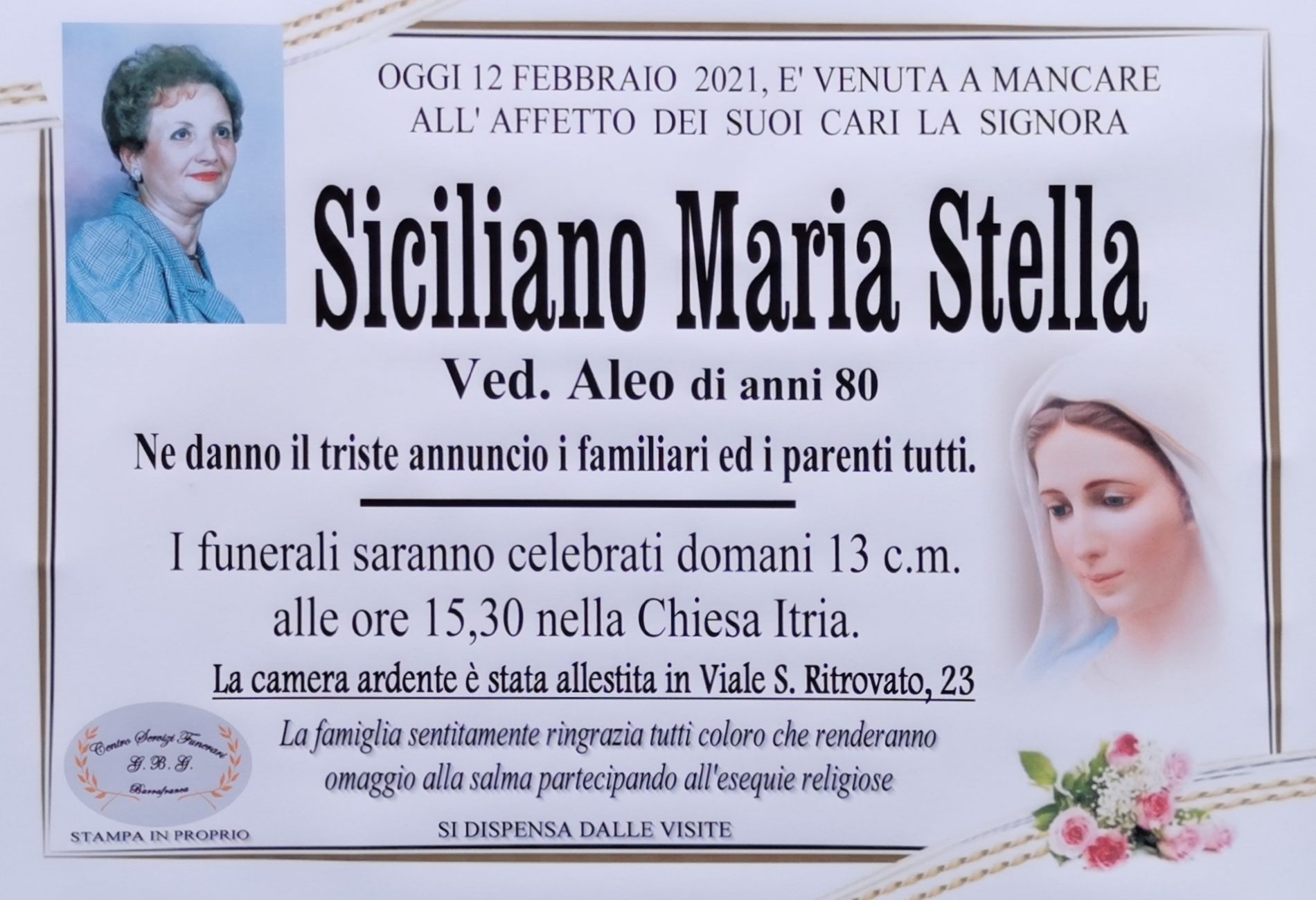 Annuncio servizi funerari agenzia G.B.G. sig.ra Siciliano Maria Stella ved. Aleo anni 80