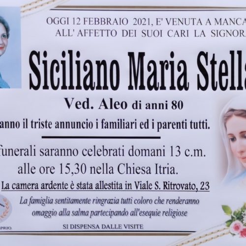 Annuncio servizi funerari agenzia G.B.G. sig.ra Siciliano Maria Stella ved. Aleo anni 80
