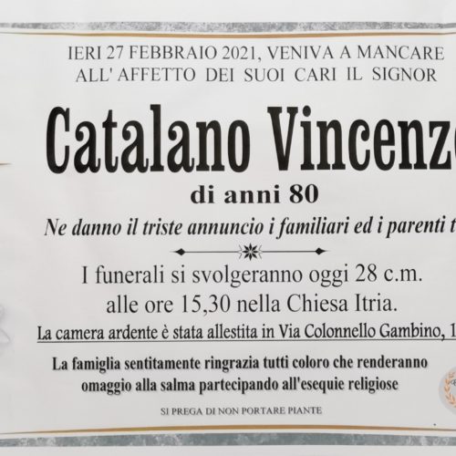 Annuncio servizi funerari agenzia G.B.G. sig. Catalano Vincenzo di anni 80