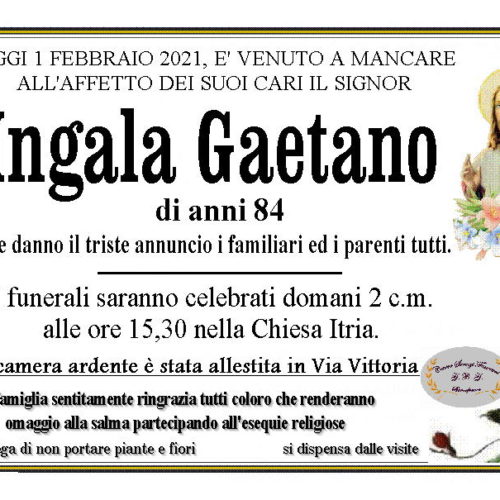 Annuncio servizi funerari agenzia G.B.G. sig. Ingala Gaetano di anni 84