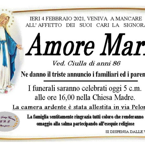 Annuncio servizi funerari agenzia G.B.G sig.ra  Amore Maria ved. Ciulla di anni 86