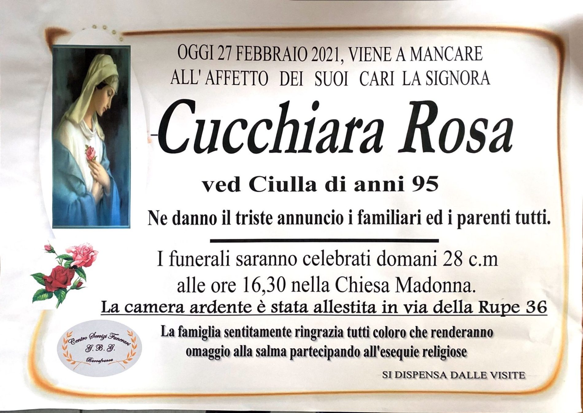 Annuncio servizi funerari agenzia G.B.G. sig.ra Cucchiara Rosa ved. Ciulla di anni 95