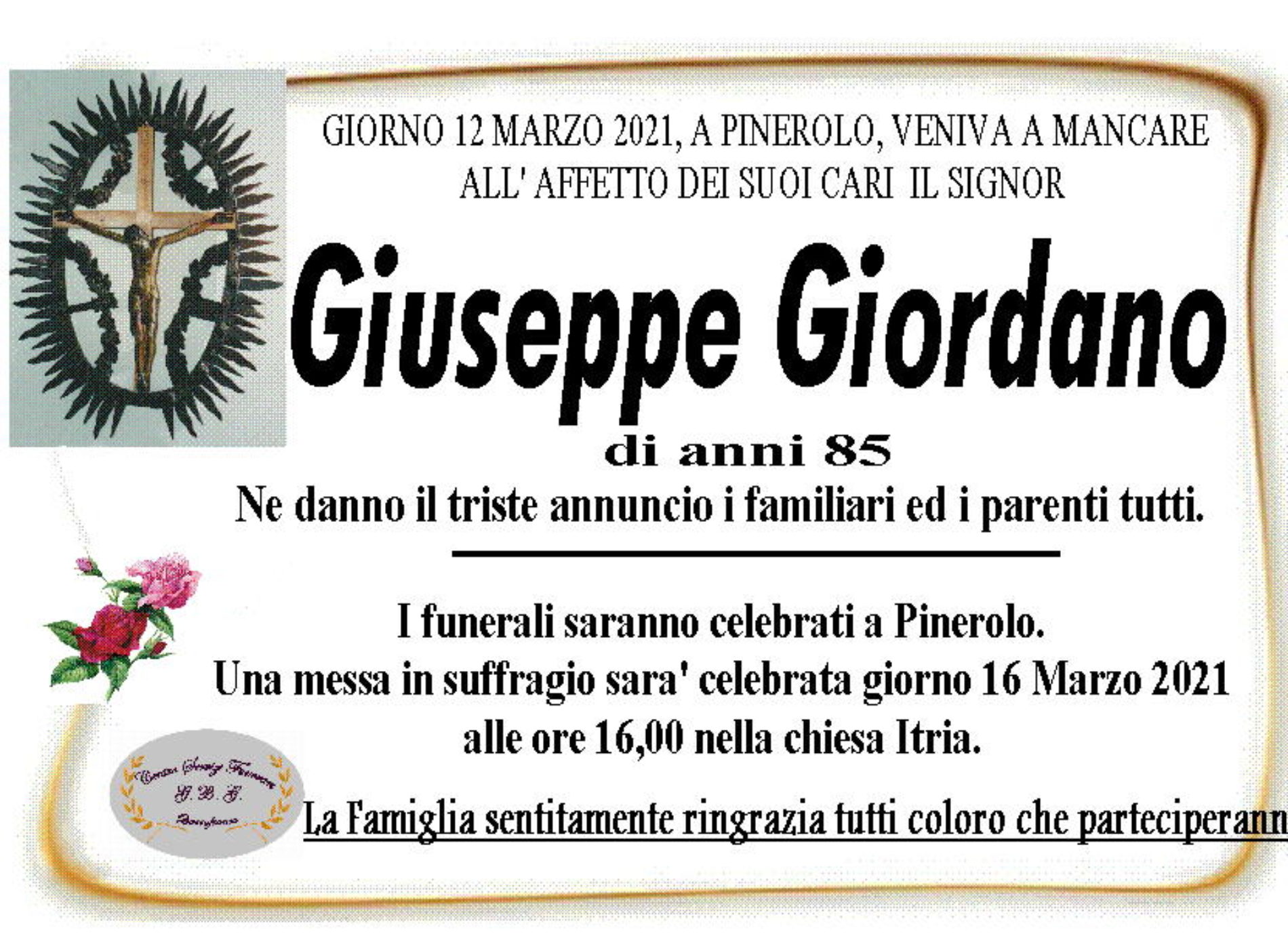 Annuncio servizi funerari agenzia G.B.G sig. Giordano Giuseppe di anni 85
