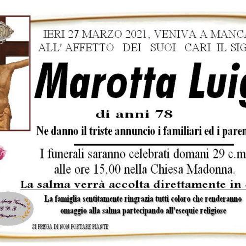 Annuncio servizi funerari agenzia G.B.G. sig Luigi Marotta di anni 78