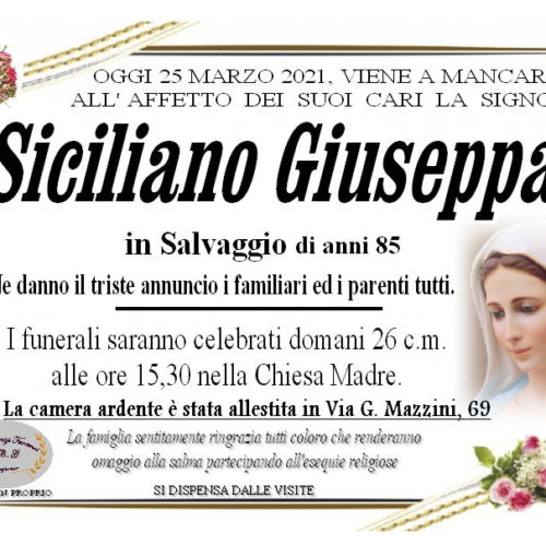Annuncio servizi funerari agenzia G.B.G. sig.ra Siciliano Giuseppa in Salvaggio di anni 85