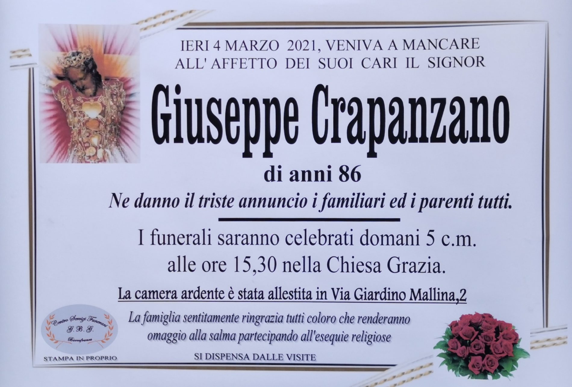 Annuncio servizi funerari agenzia G.B.G. sig- Giuseppe Crapanzano di anni 86