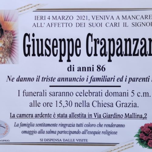 Annuncio servizi funerari agenzia G.B.G. sig- Giuseppe Crapanzano di anni 86