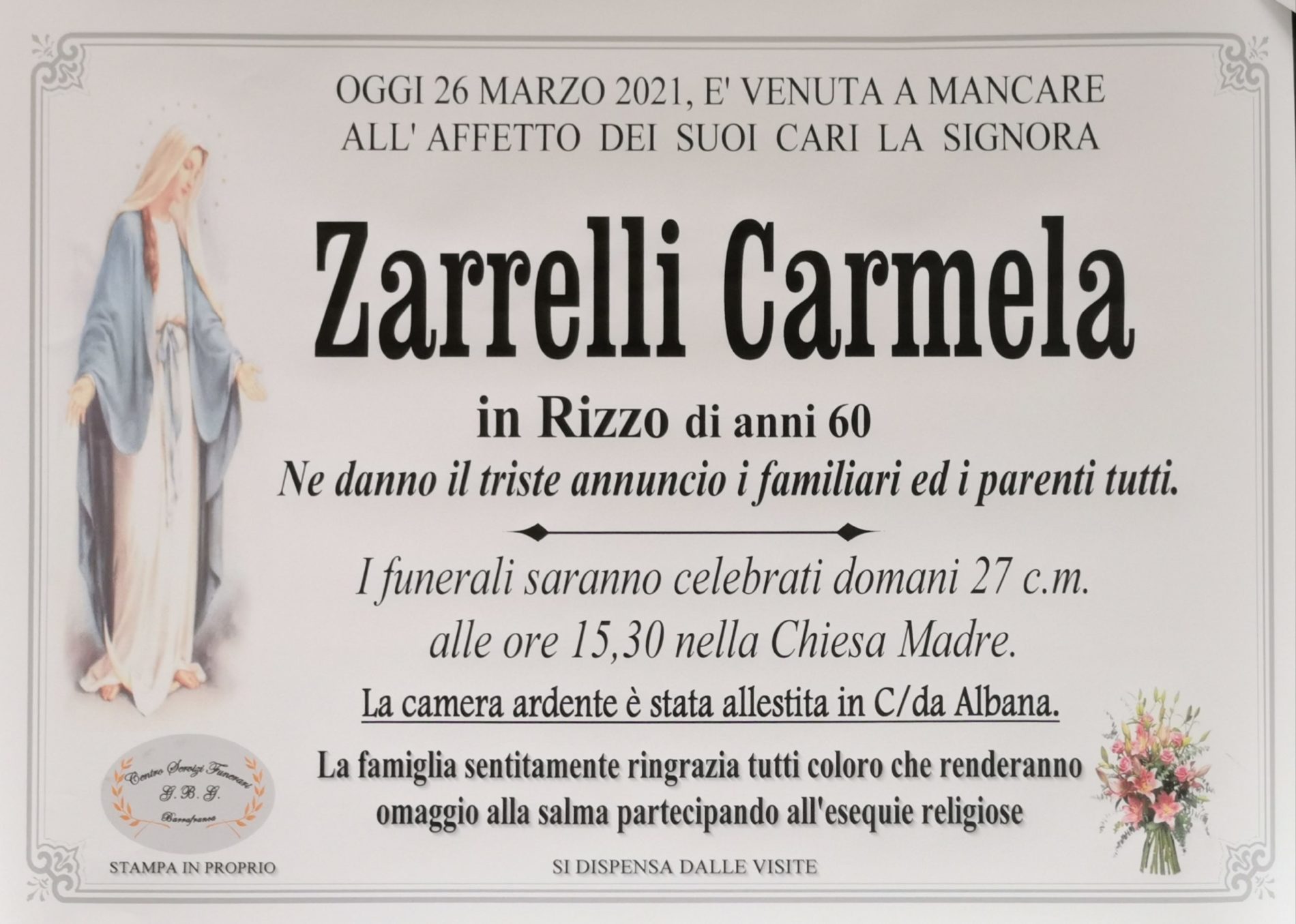 Annuncio servizi funerari agenzia G.B.G. sig.ra Zarrelli Carmela in Rizzo di anni 60