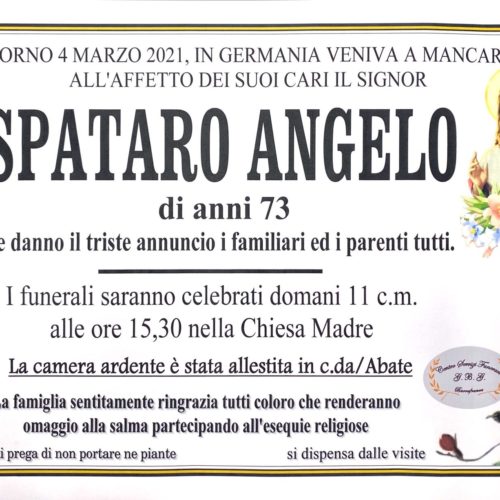 Annuncio servizi funerari agenzia G.B.G sig. Spataro Angelo anni 73