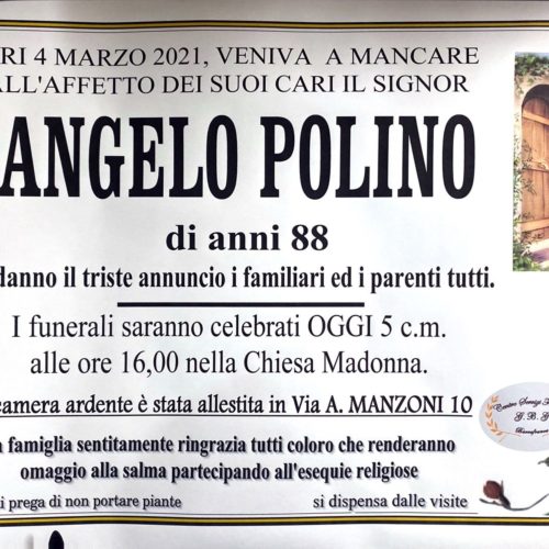 Annuncio servizi funerari agenzia G.B.G sig. Angelo Polino di anni 88