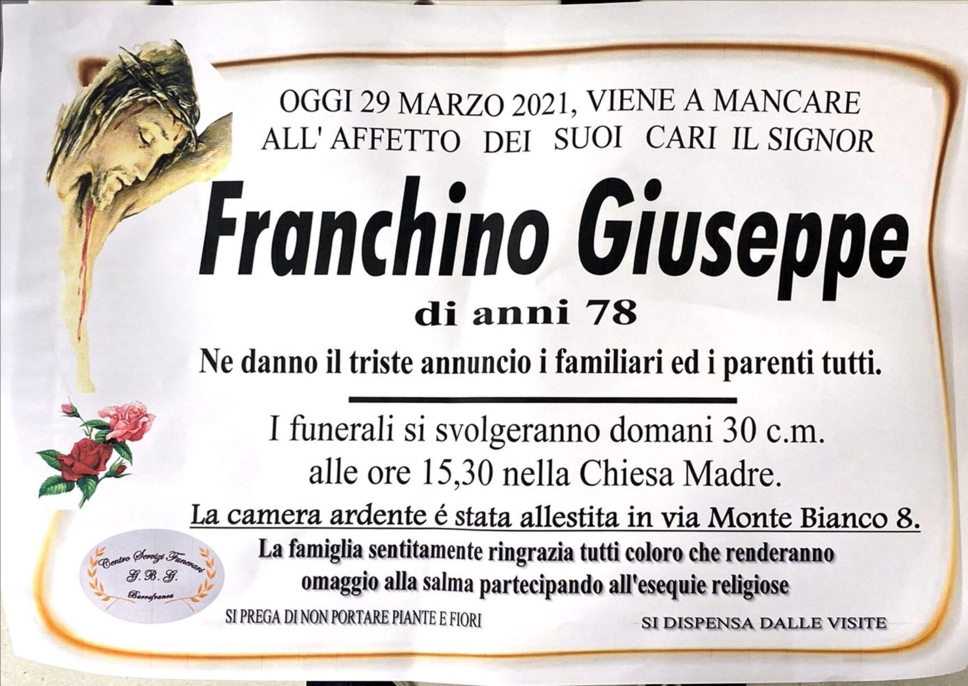 Annuncio servizi funerari agenzia G.B.G. sig Giuseppe Franchino di anni 78