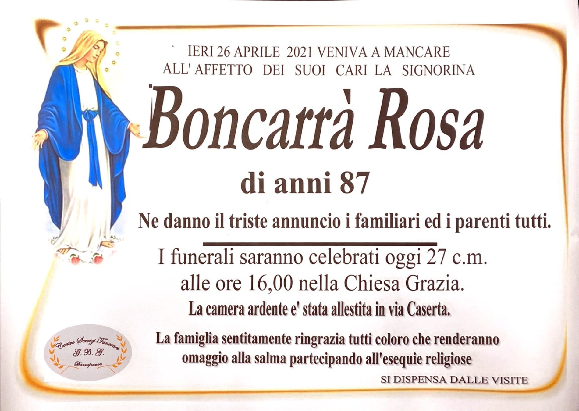 Annuncio servizi funerari agenzia G.B.G. sig.ra Boncarrà Rosa di anni 87