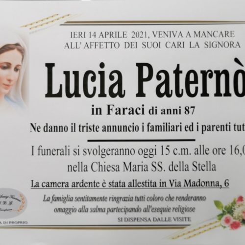 Annuncio servizi funerari agenzia G.B.G. sig.ra Paternò Lucia  ved. Faraci di anni 87
