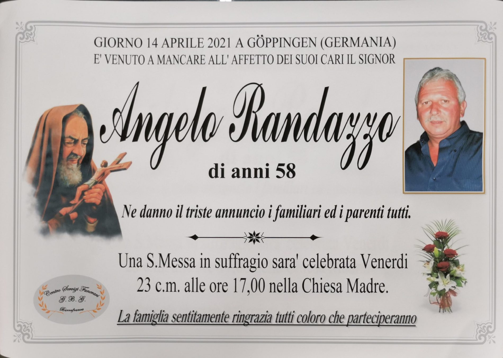 Annuncio servizi funerari agenzia G.B.G. sig Randazzo Angelo di anni 58