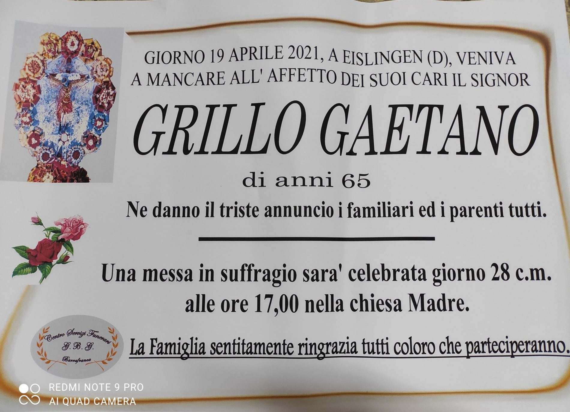 Annuncio servizi funerari agenzia G.B.G. sig. Grillo Gaetano di anni 65