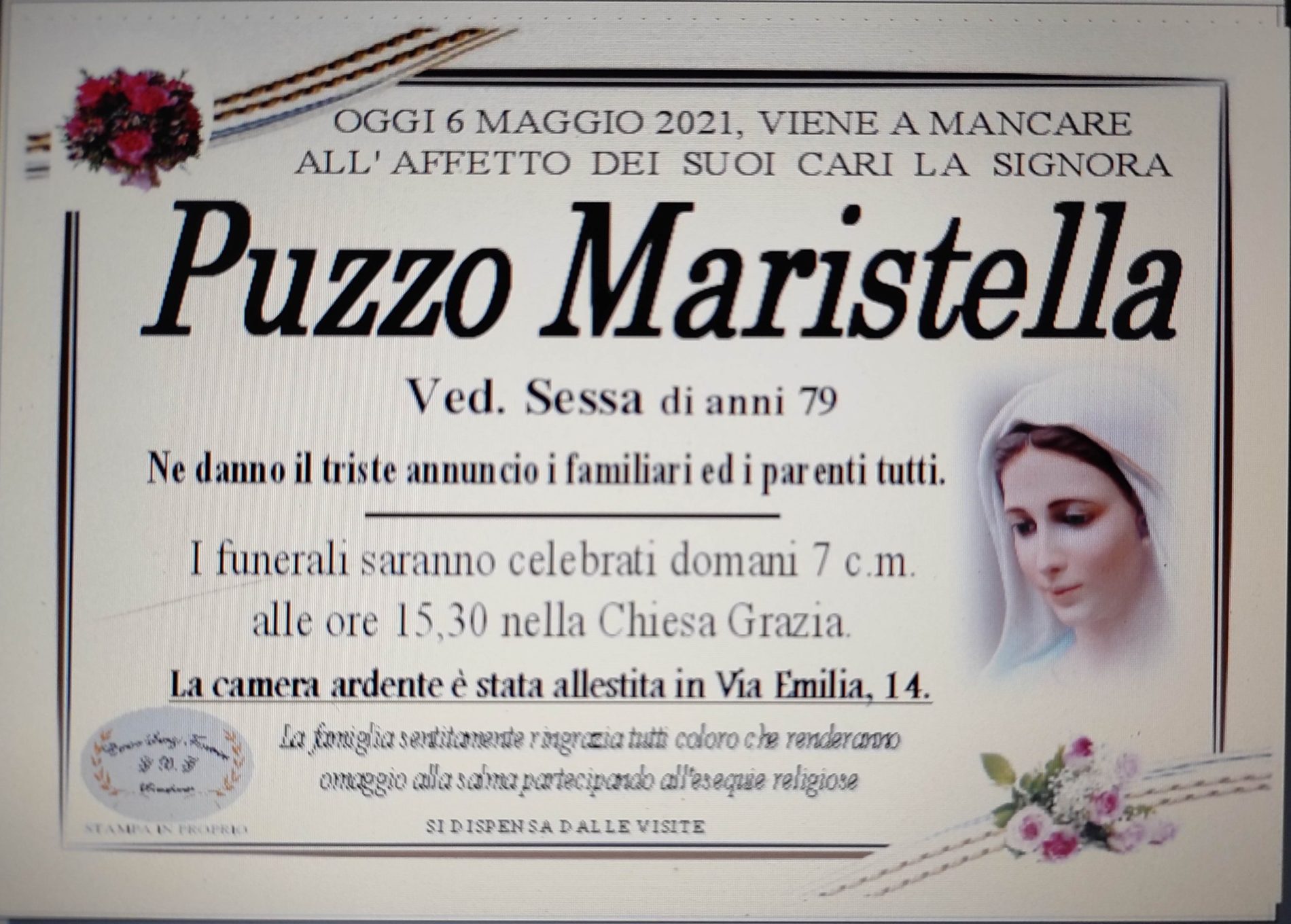 Annuncio servizi funerari agenzia G.B.G. sig.ra Puzzo Maristella ved. Sessa di anni 79