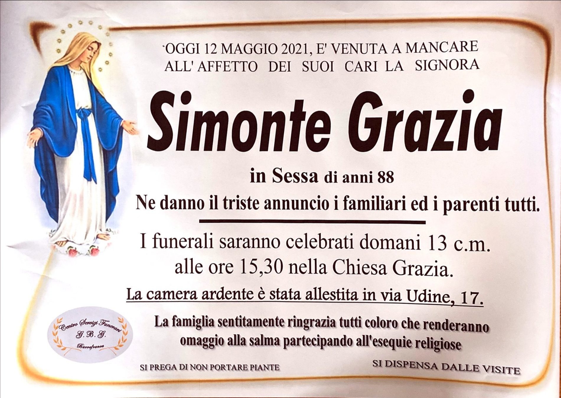 Annuncio servizi funerari agenzia G.B.G. sig.ra Simonte Grazia in Sessa di anni 88