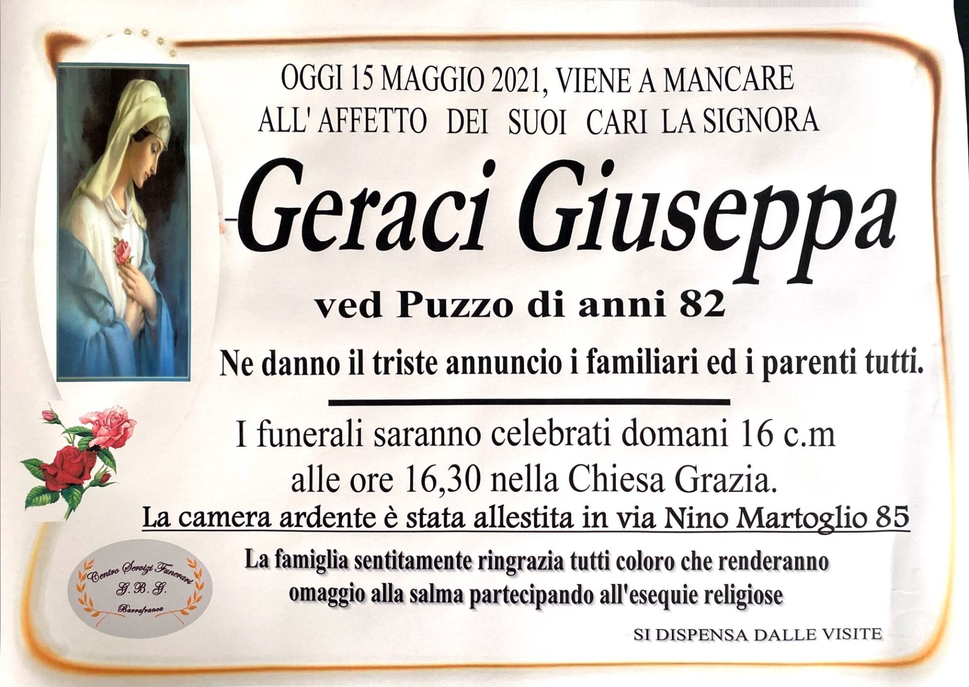 Annuncio servizi funerari agenzia G.B.G. sig.ra Geraci Giuseppa ved. Puzzo di anni 82