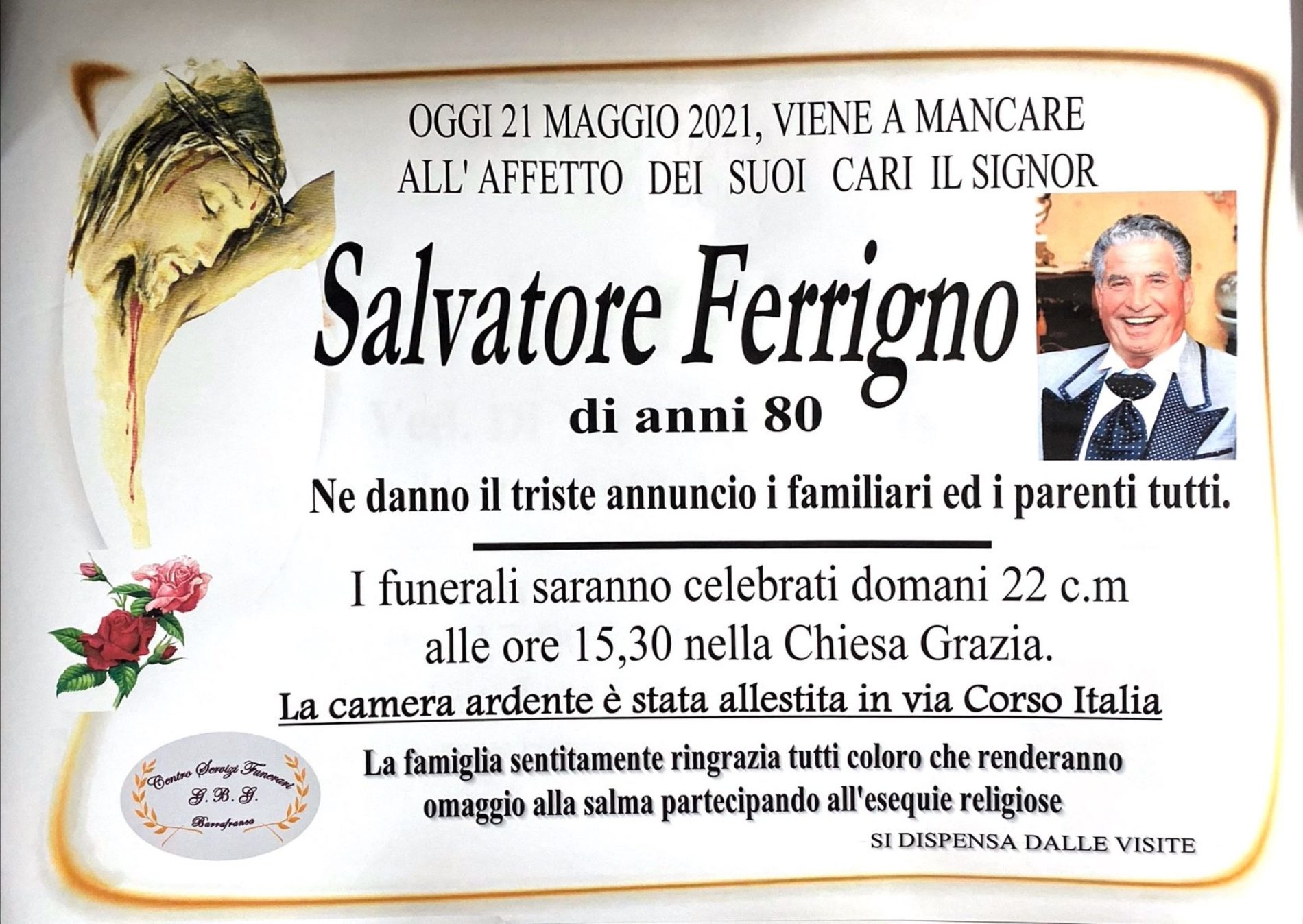Annuncio servizi funerari agenzia G.B.G. sig. Salvatore Ferrigno di anni 80