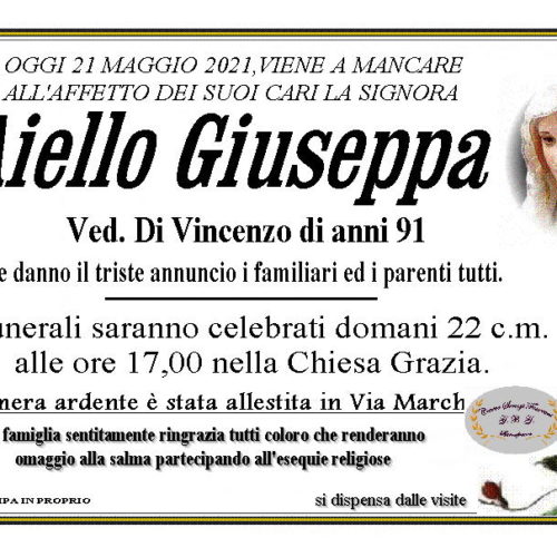 Annuncio servizi funerari agenzia G.B.G. sig.ra Aiello Giuseppa ved. Di Vincenzo di anni 91