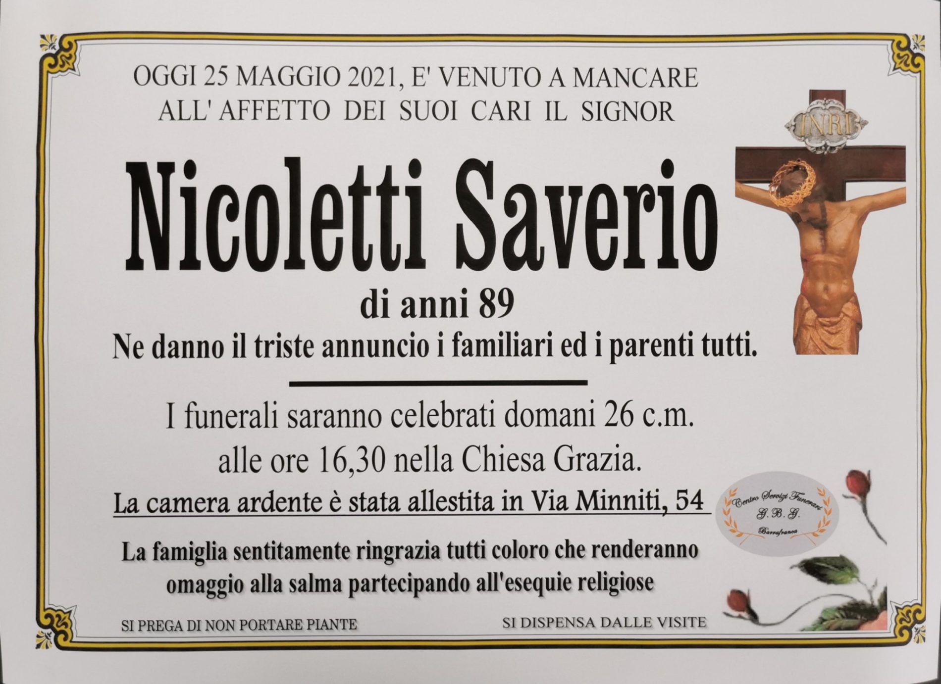 Annuncio servizi funerari agenzia G.B.G. sig. Nicoletti Saverio di anni 89