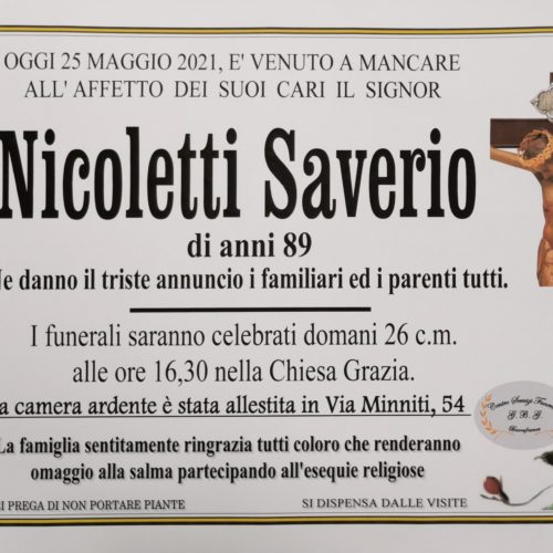 Annuncio servizi funerari agenzia G.B.G. sig. Nicoletti Saverio di anni 89