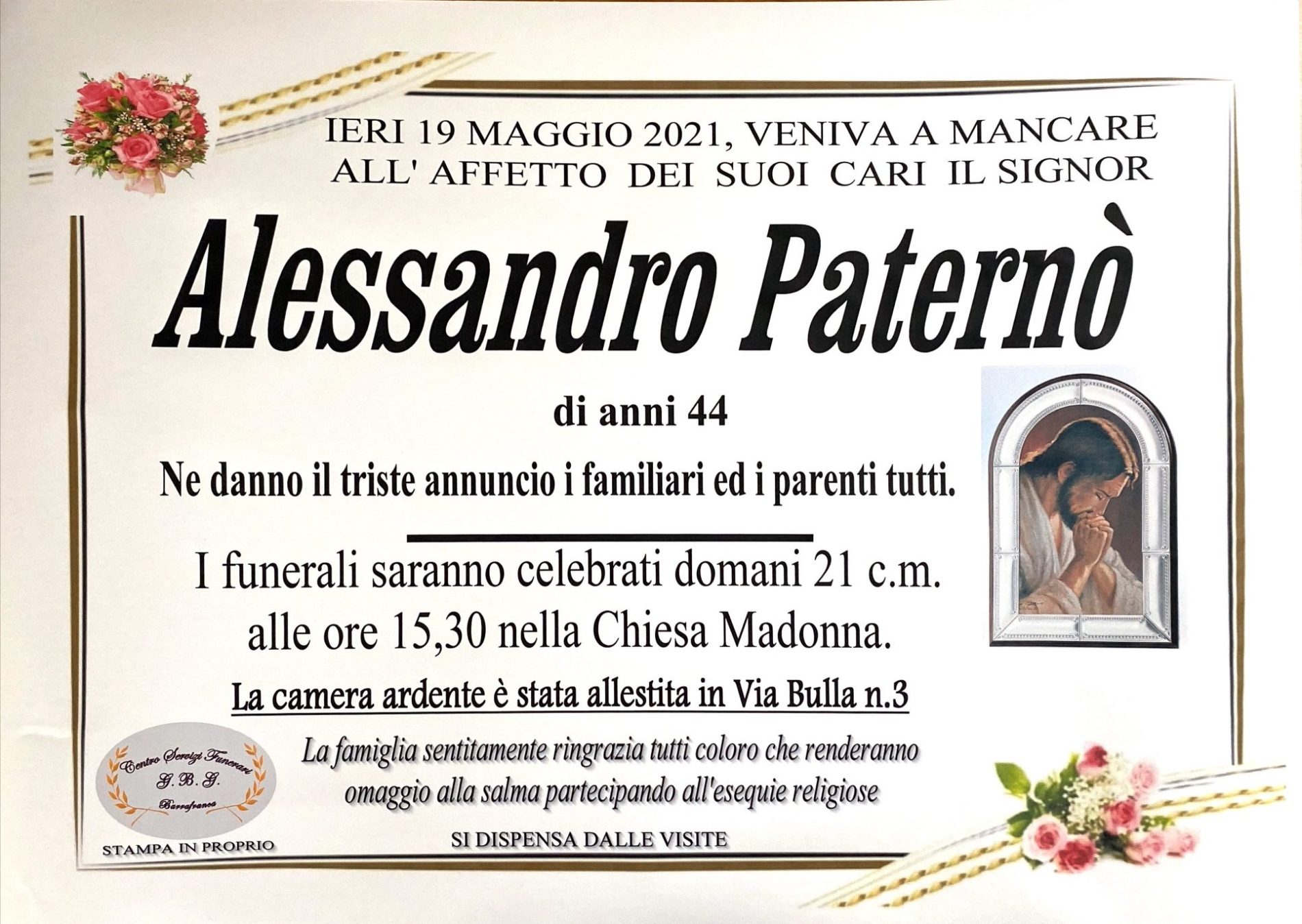 Annuncio servizi funerari agenzia G.B.G. sig. Paternò Alessandro di anni 44