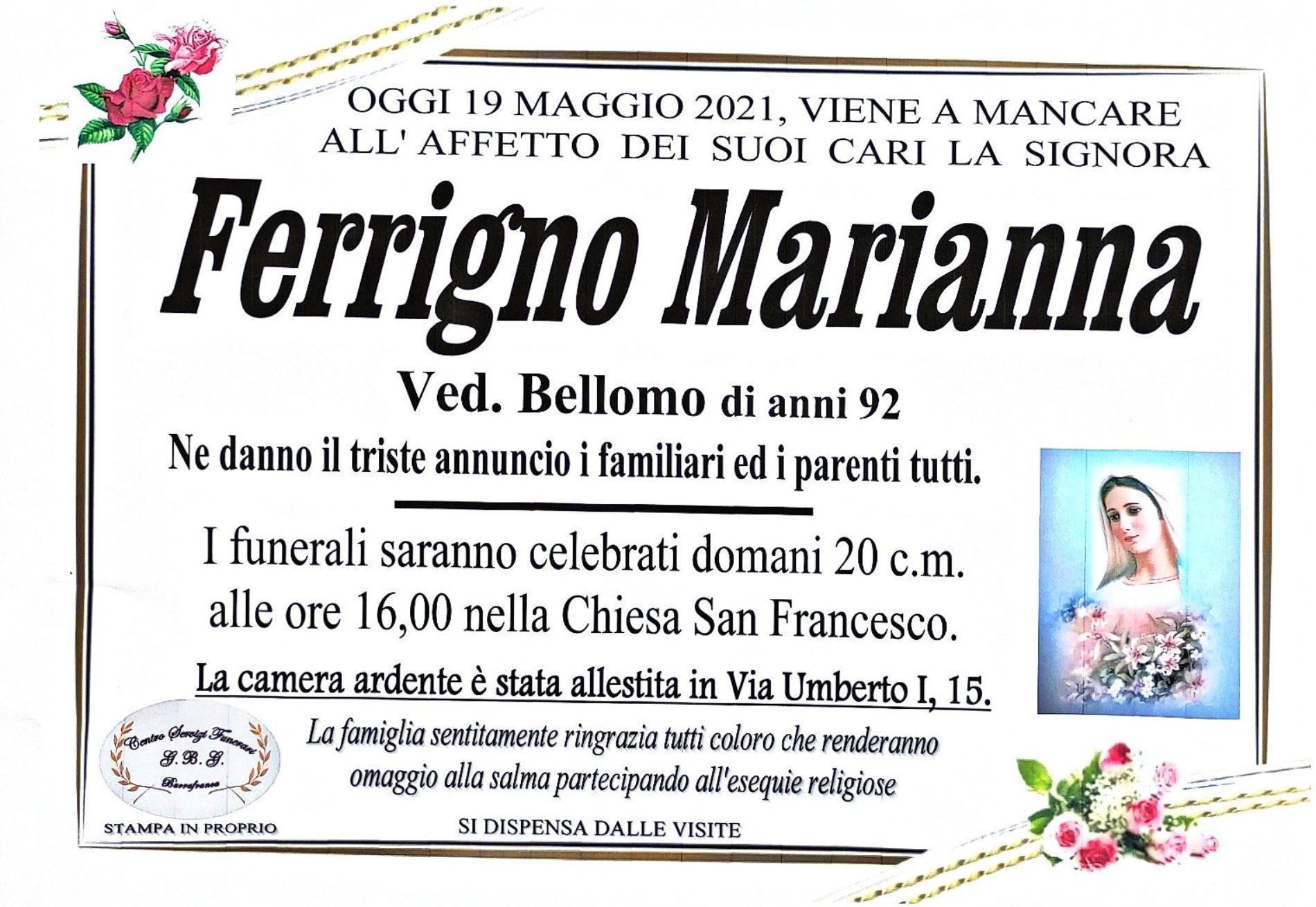 Annuncio servizi funerari agenzia G.B.G. sig.ra Ferrigno Marianna ved. Bellomo di anni 92