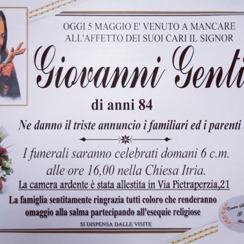 Annuncio servizi funerari agenzia G.B.G. sig. Gentile Giovanni di anni 84