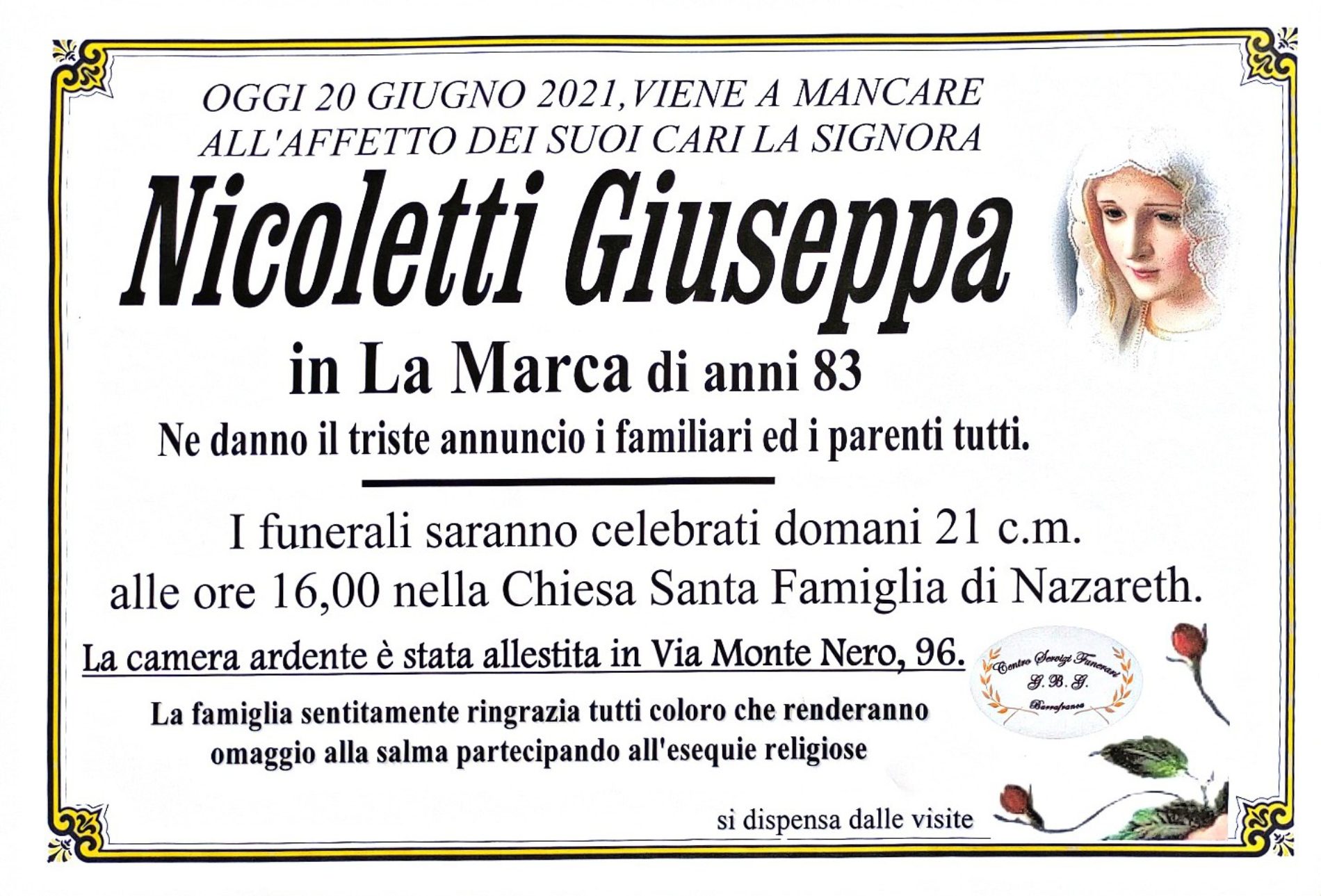 Annuncio servizi funerari agenzia G.B.G. sig.ra Nicoletti Giuseppa in La Marca di anni 83